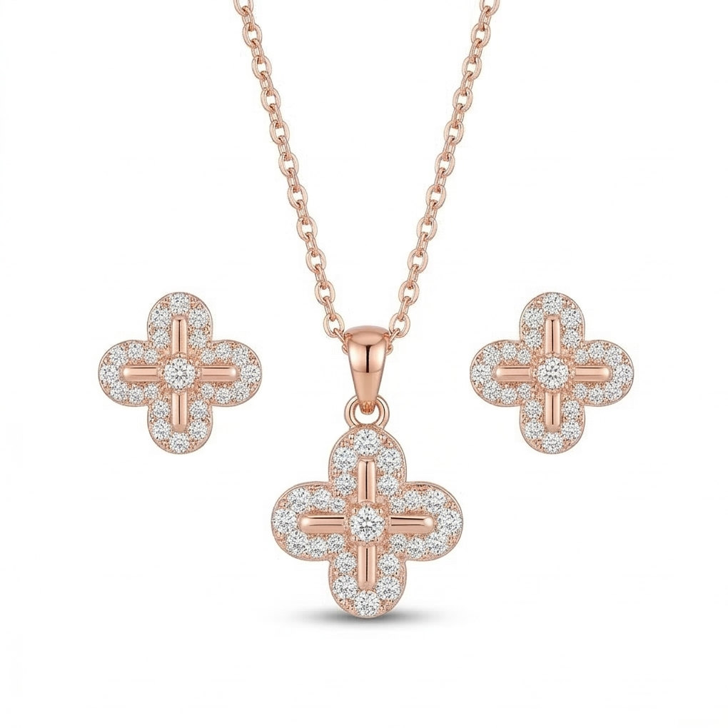 925 Sterling Silver Rose Gold Plated Floral Clover Pendant and Earring Set Jewellery for Women