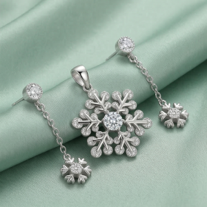 925 Sterling Silver Snowflake Chain Drop Pendant Set Rhodium Finish Jewellery