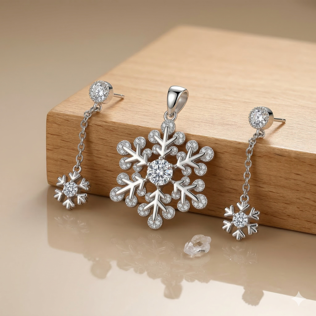 925 Sterling Silver Snowflake Chain Drop Pendant Set Rhodium Finish Jewellery