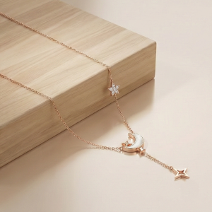 AGOR 925 Sterling Silver Rose Gold Plated Celestial MOP Moon and Star Lariat Necklace Jewellery
