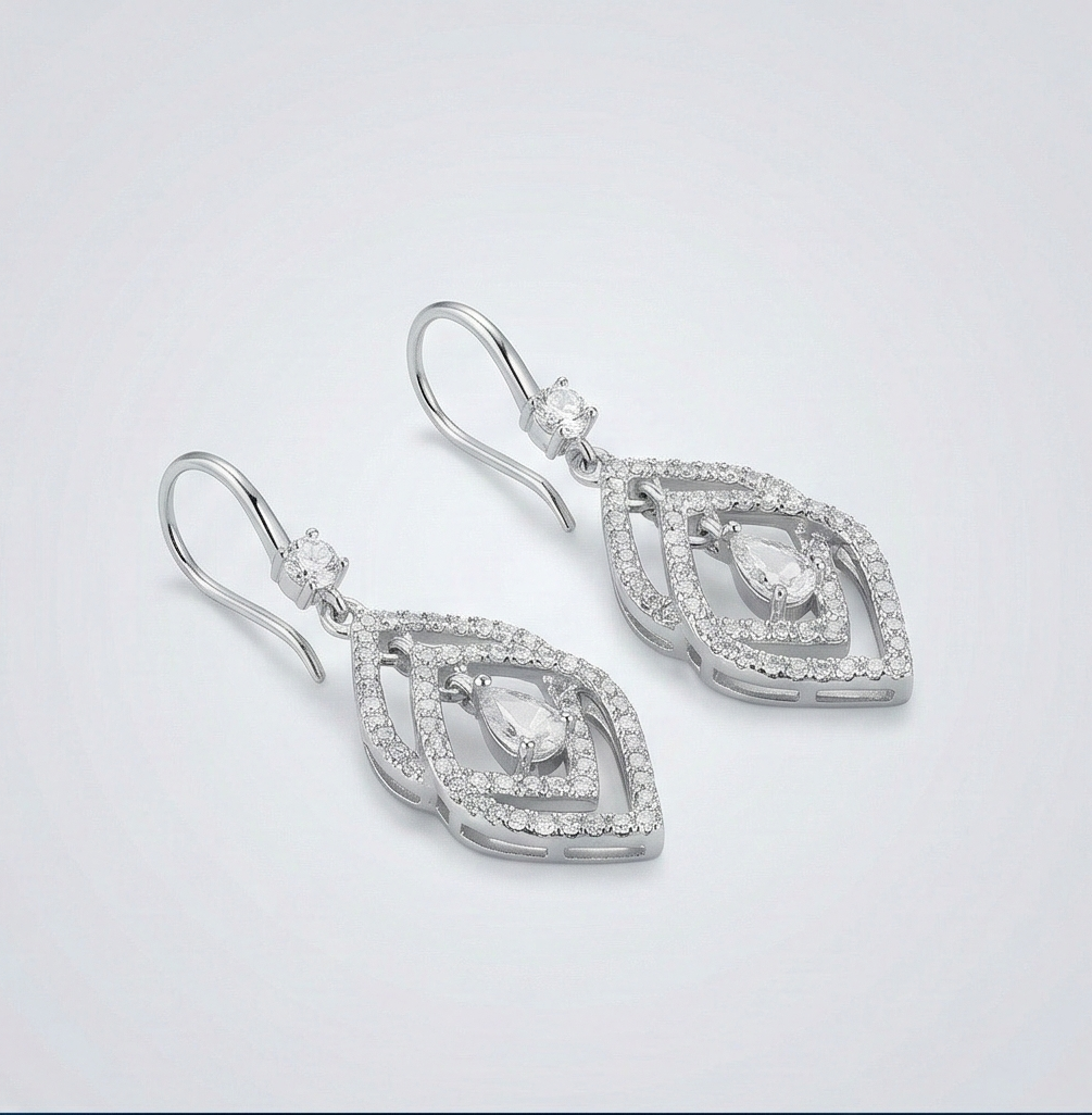 AGOR 925 Sterling Silver Geometric Designed Drop Earrings, Rhodium Plated Dangle Jewellery for Women