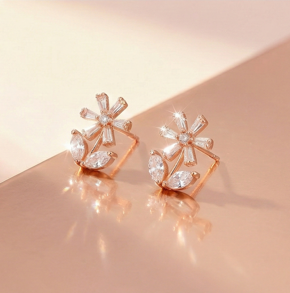 AGOR 925 Sterling Silver Rose Gold Plated Floral Stud Earrings, Nature Inspired Jewellery for Women
