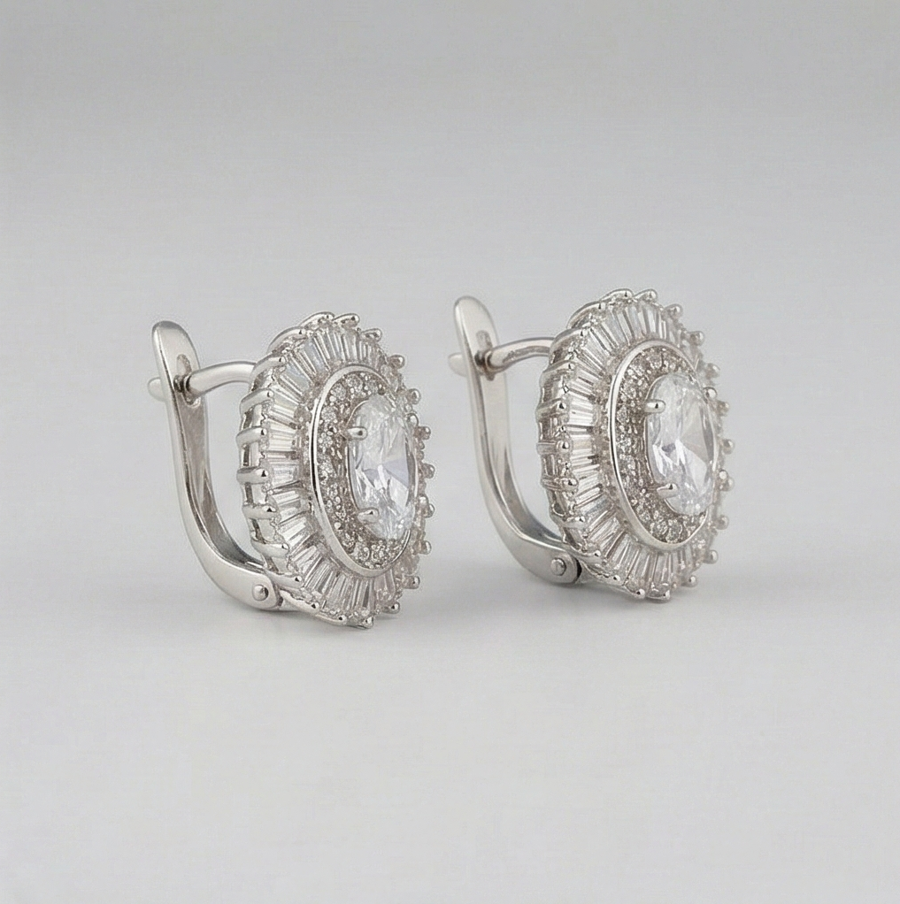 AGOR 925 Sterling Silver Oval Halo Stud Earrings, Rhodium Plated Statement Jewellery for Women