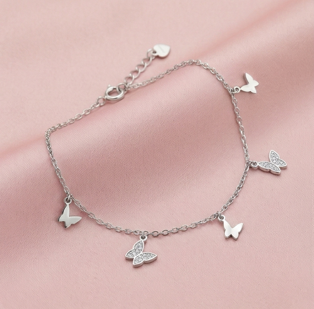AGOR 925 Sterling Silver Butterfly Charm Bracelet for Women, High Polish Silver Finish Fashion Jewellery