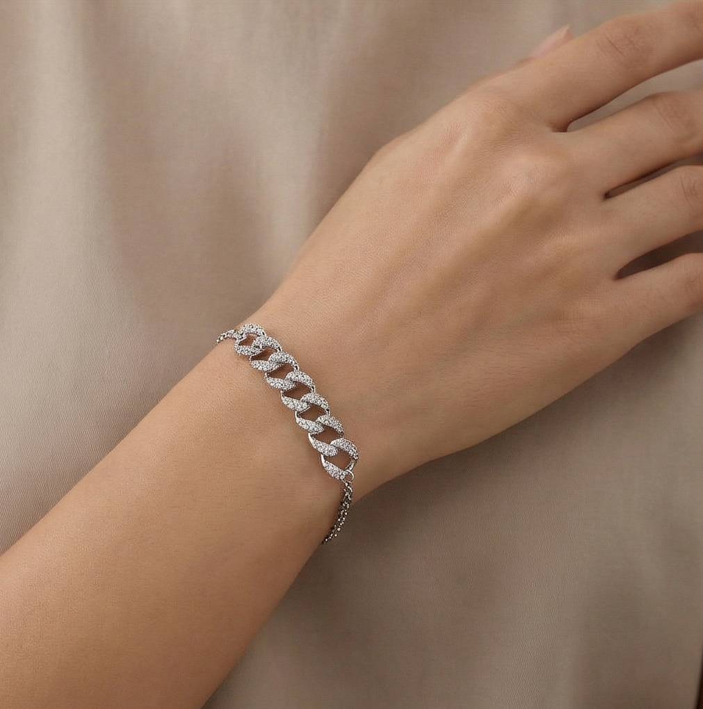 AGOR 925 Sterling Silver Paved Chain Link Bracelet, Silver Finish Modern Jewellery for Women