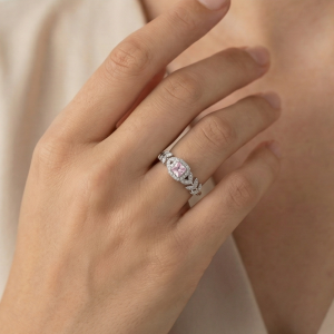 AGOR 925 Sterling Silver Pink Cushion Stone Ring, Rhodium Plated Leaf Design Jewellery for Women