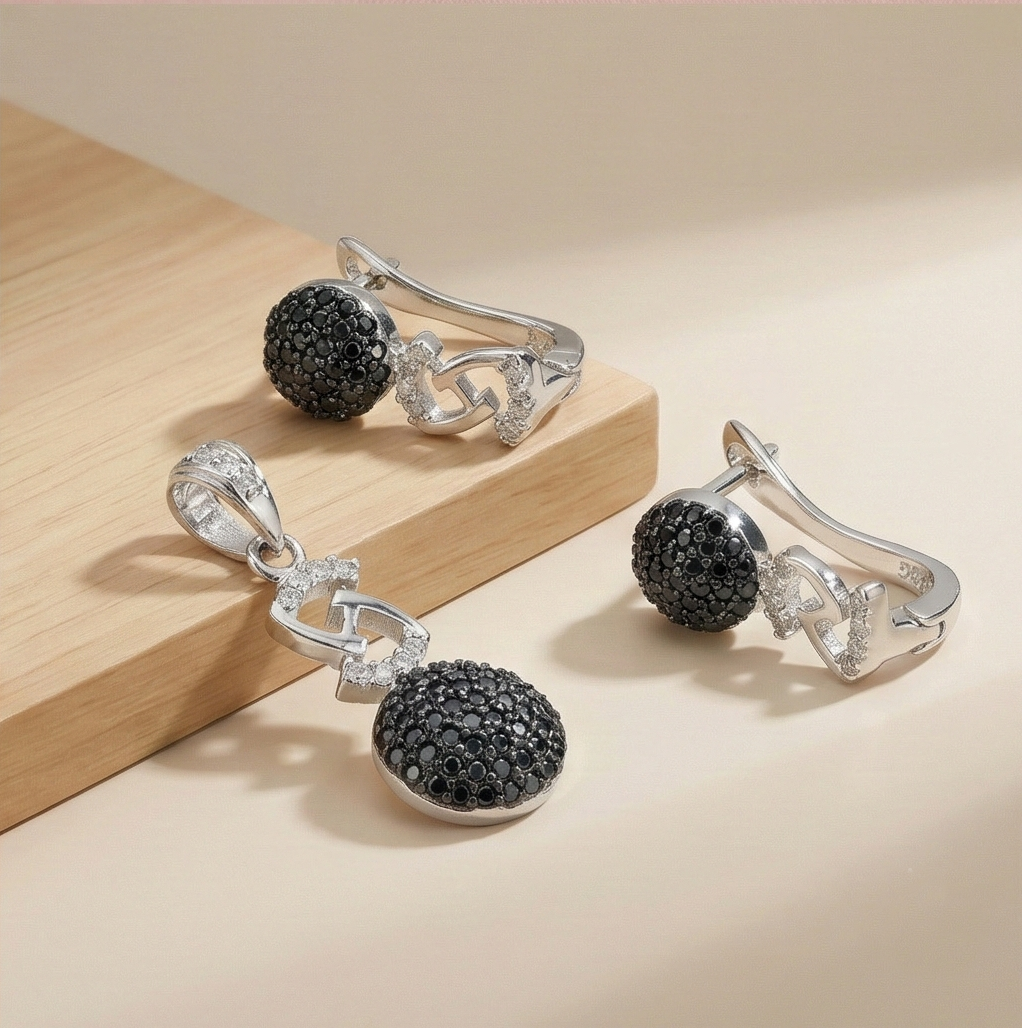 925 Sterling Silver Black Stone Infinity Drop Pendant Set Rhodium Finish Jewellery