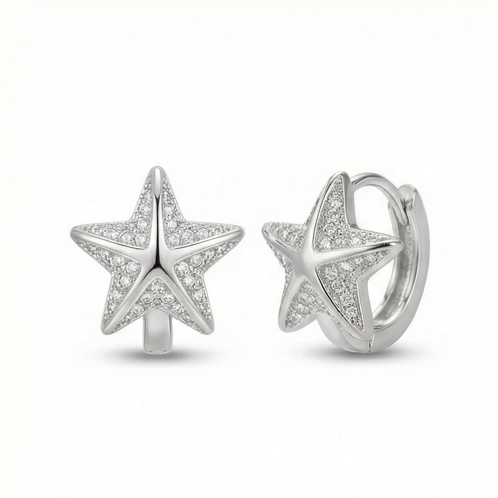 925 Sterling Silver Pave Star Huggie Hoop Earrings Jewellery for Women & Girls