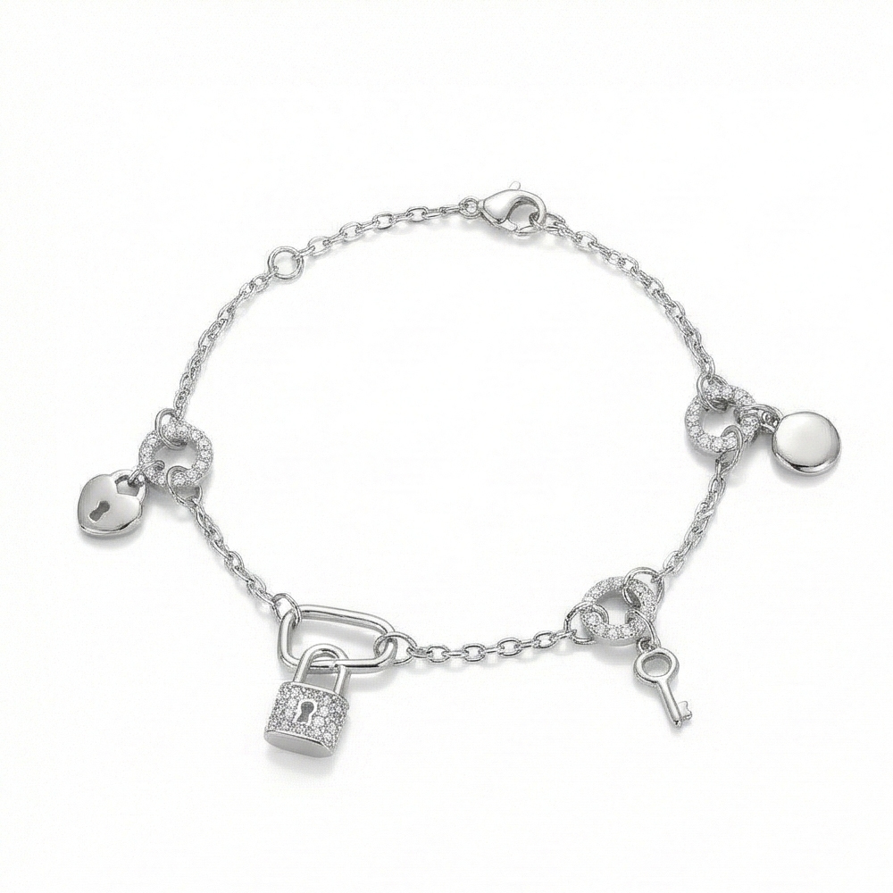 925 Sterling Silver Lock and Key Charm Bracelet Silver Finish Jewellery