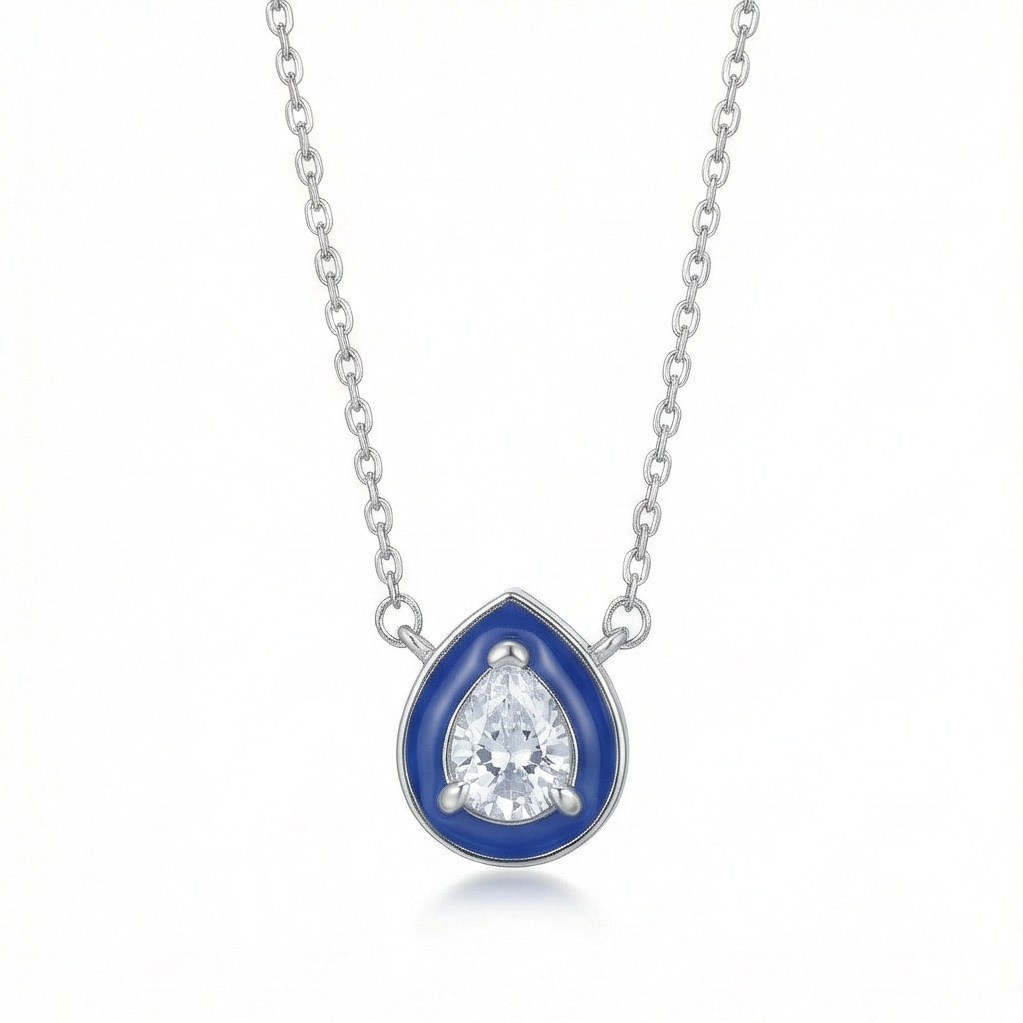 925 Sterling Silver Blue Enamel Pear Shape Pendant Necklace Jewellery with Rhodium Finish
