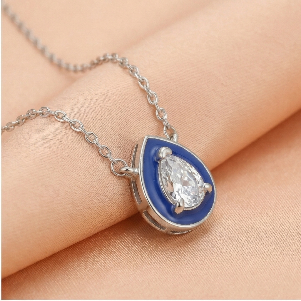 925 Sterling Silver Blue Enamel Pear Shape Pendant Necklace Jewellery with Rhodium Finish
