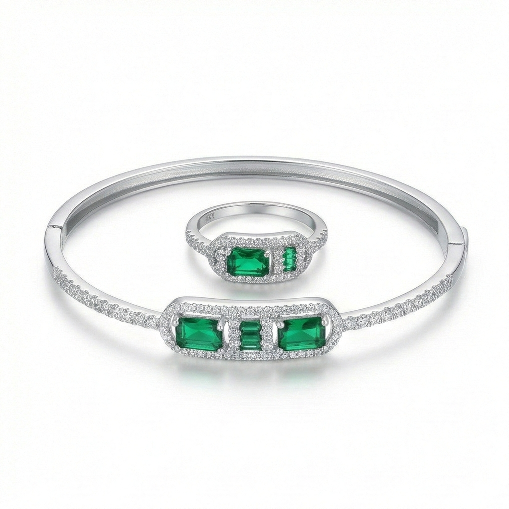 925 Sterling Silver Emerald Green Geometric Stone Hinged Bangle and Ring Jewellery Set with Rhodium Finish