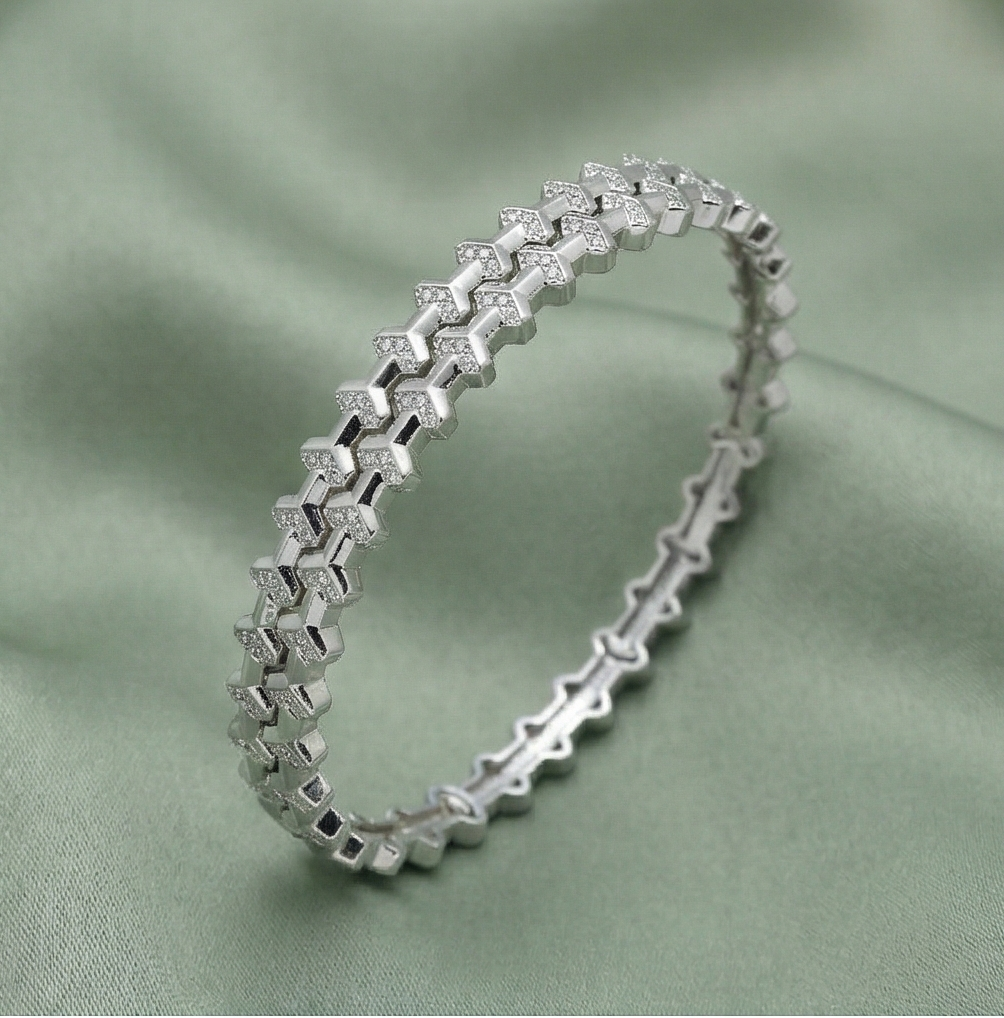 925 Sterling Silver Geometric Pave Link Tennis Bangle Jewellery with Rhodium Finish