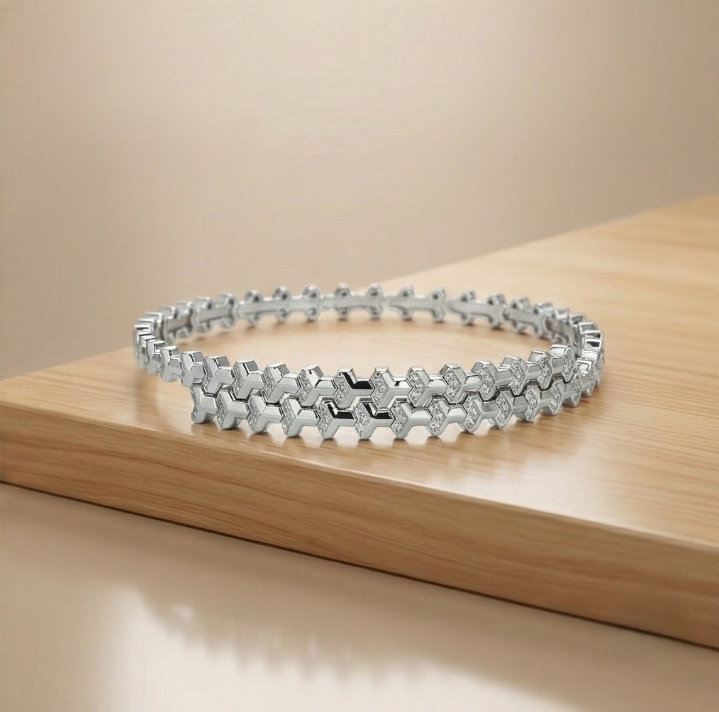 925 Sterling Silver Geometric Pave Link Tennis Bangle Jewellery with Rhodium Finish