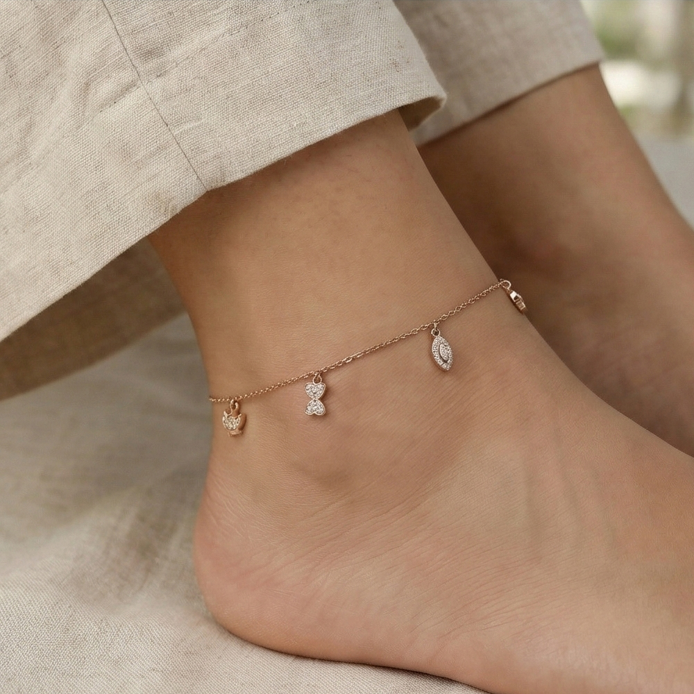 925 Sterling Silver Rose Gold Plated Butterfly and Marquise Anklet Jewellery