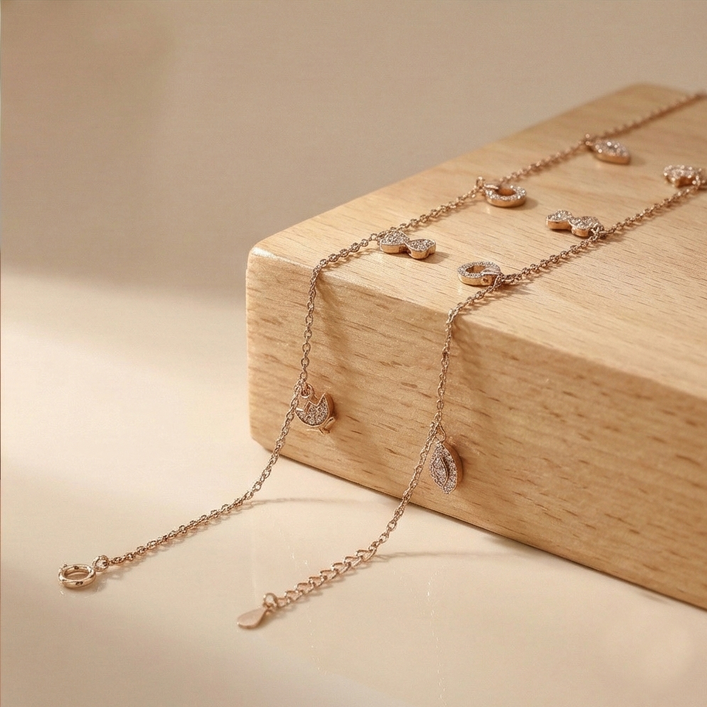 925 Sterling Silver Rose Gold Plated Butterfly and Marquise Anklet Jewellery