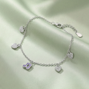 925 Sterling Silver Layered Musical Note and Heart Anklet Silver Finish Jewellery