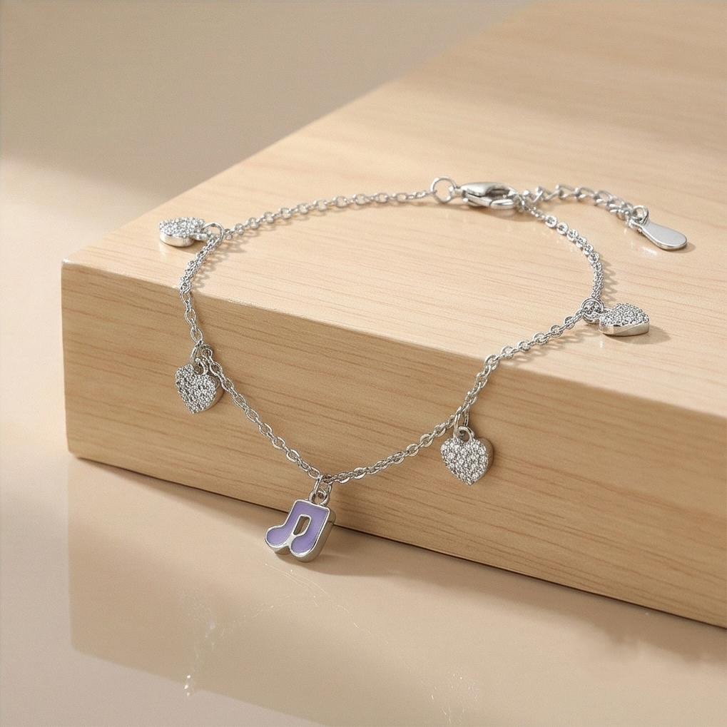 925 Sterling Silver Layered Musical Note and Heart Anklet Silver Finish Jewellery