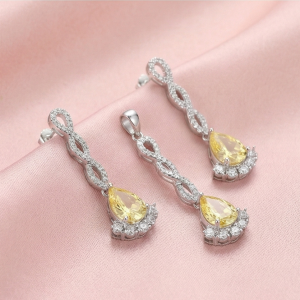 925 Sterling Silver Yellow Pear Drop Pendant Necklace and Earrings Set Jewellery