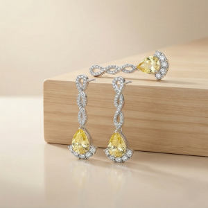 925 Sterling Silver Yellow Pear Drop Pendant Necklace and Earrings Set Jewellery