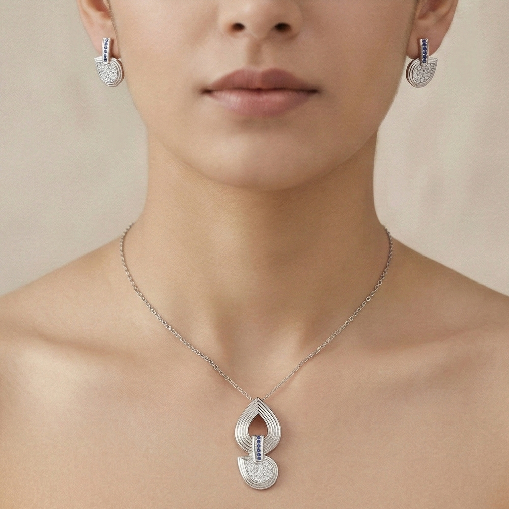 925 Sterling Silver Abstract Teardrop Pendant Set with Blue Stone Accents Jewellery for Women