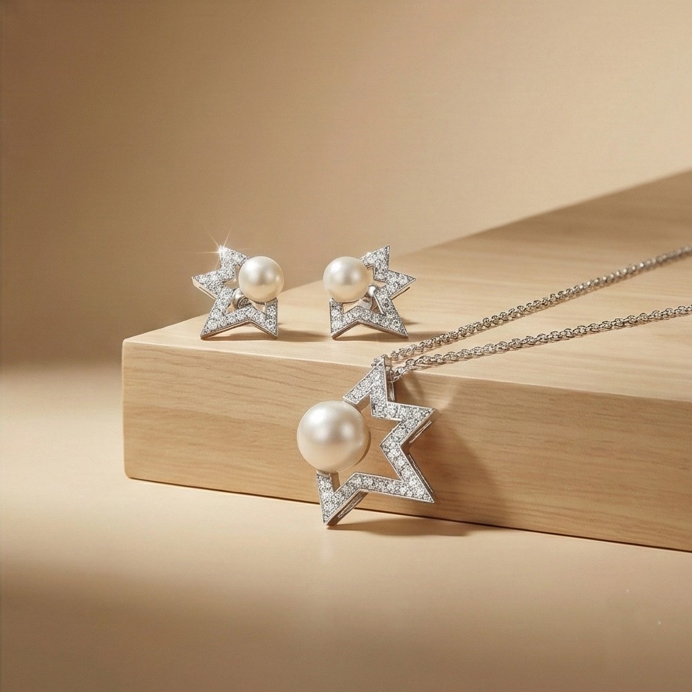 925 Sterling Silver Star Outline Pearl Pendant Necklace and Earrings Set Jewellery