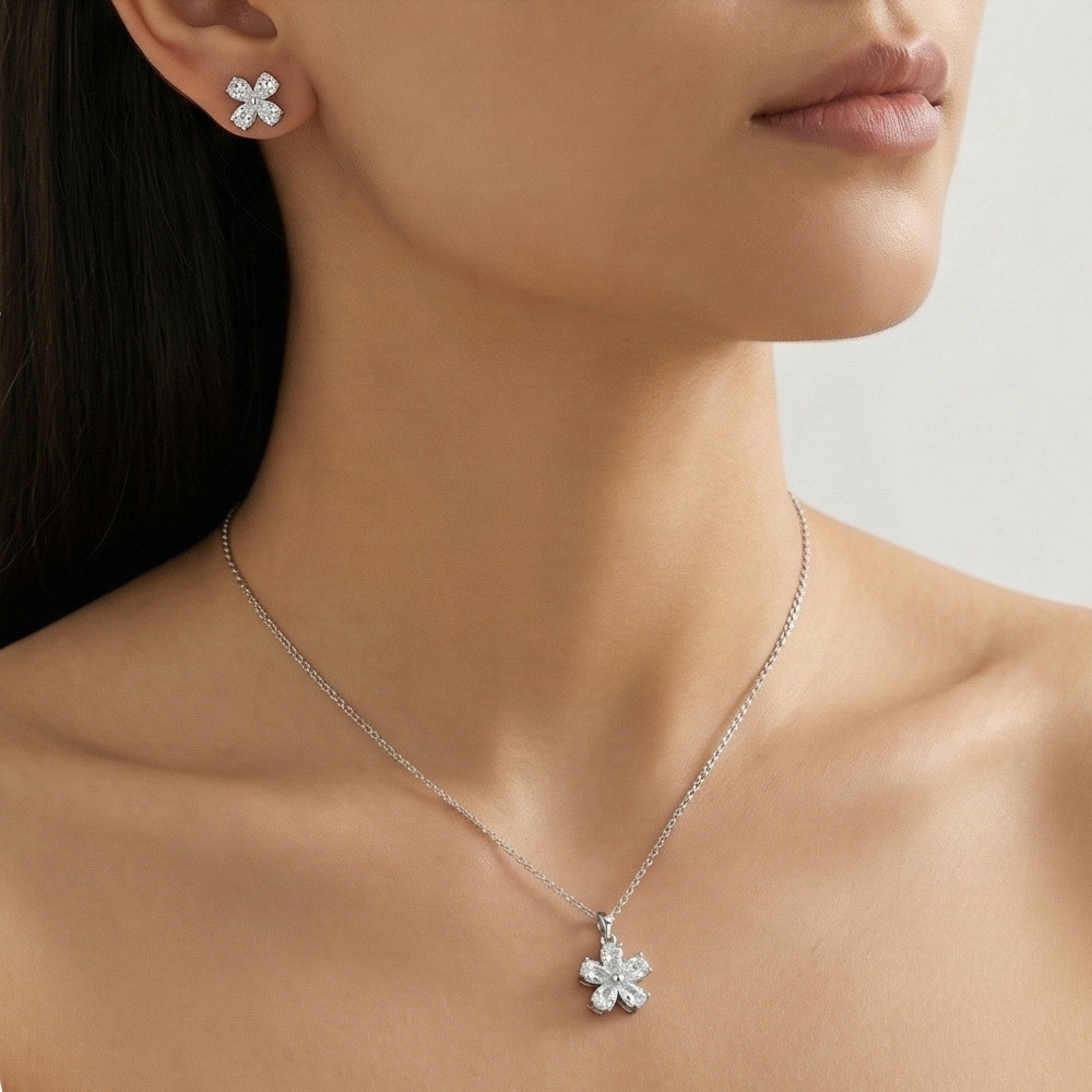 925 Sterling Silver Sparkling Floral Clover Pendant and Earring Set High Polish Jewellery for Women