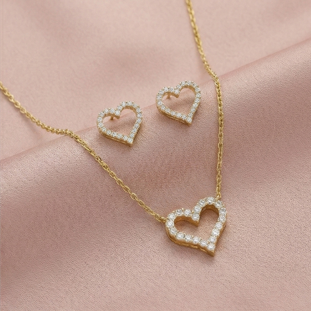 925 Sterling Silver Open Heart Chain Pendant Necklace and Stud Earrings Set, Yellow Gold Plated Minimalist Jewellery for Women