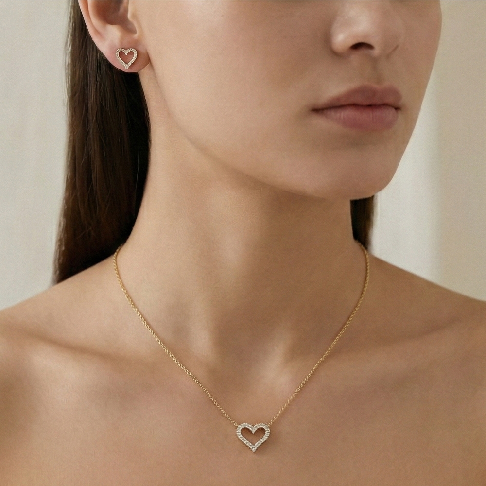 925 Sterling Silver Open Heart Chain Pendant Necklace and Stud Earrings Set, Yellow Gold Plated Minimalist Jewellery for Women