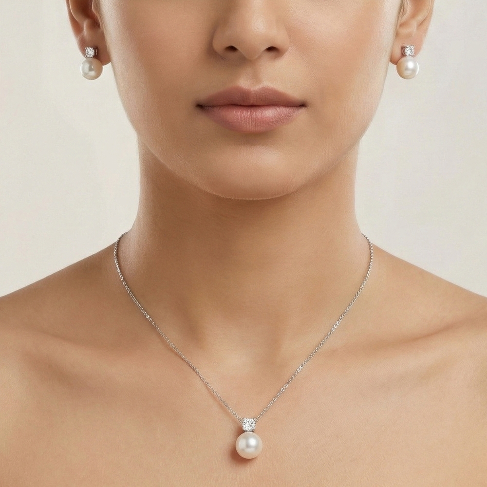 925 Sterling Silver Elegant Pearl Drop Pendant Necklace and Stud Earrings Set Jewellery with High Polish Rhodium Finish
