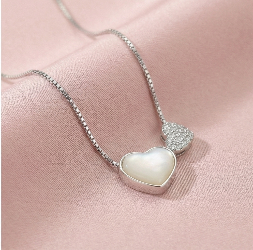 925 Sterling Silver Mother of Pearl Double Heart Pendant Necklace Jewellery for Women