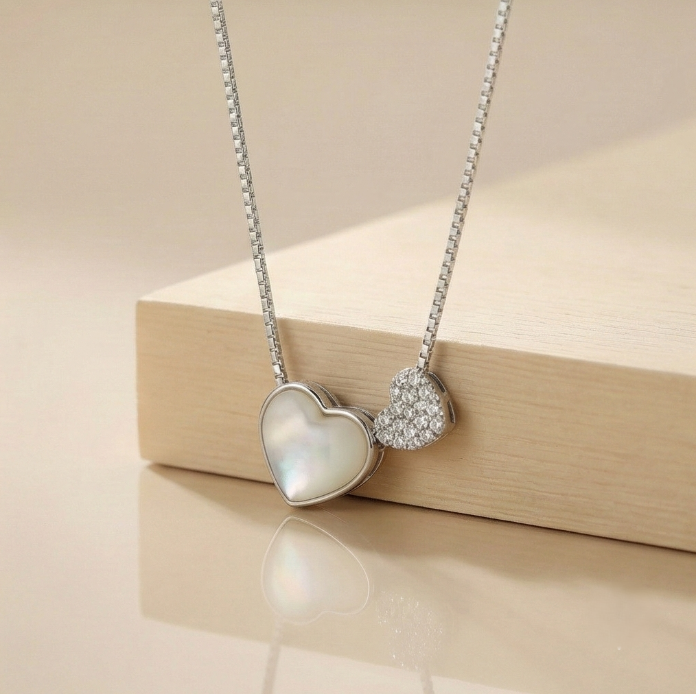 925 Sterling Silver Mother of Pearl Double Heart Pendant Necklace Jewellery for Women