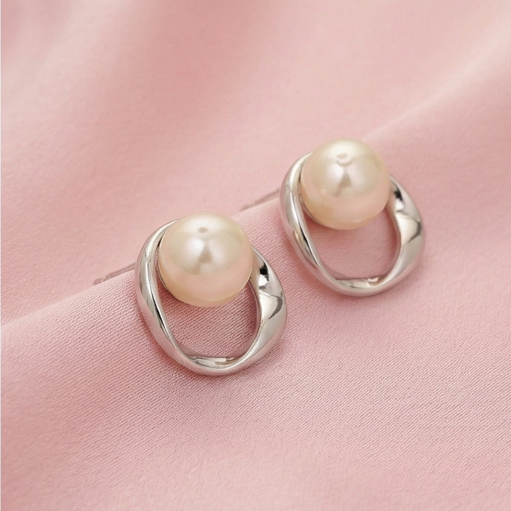 925 Sterling Silver Modern Open Circle Pearl Chain Pendant and Earring Set Jewellery for Women