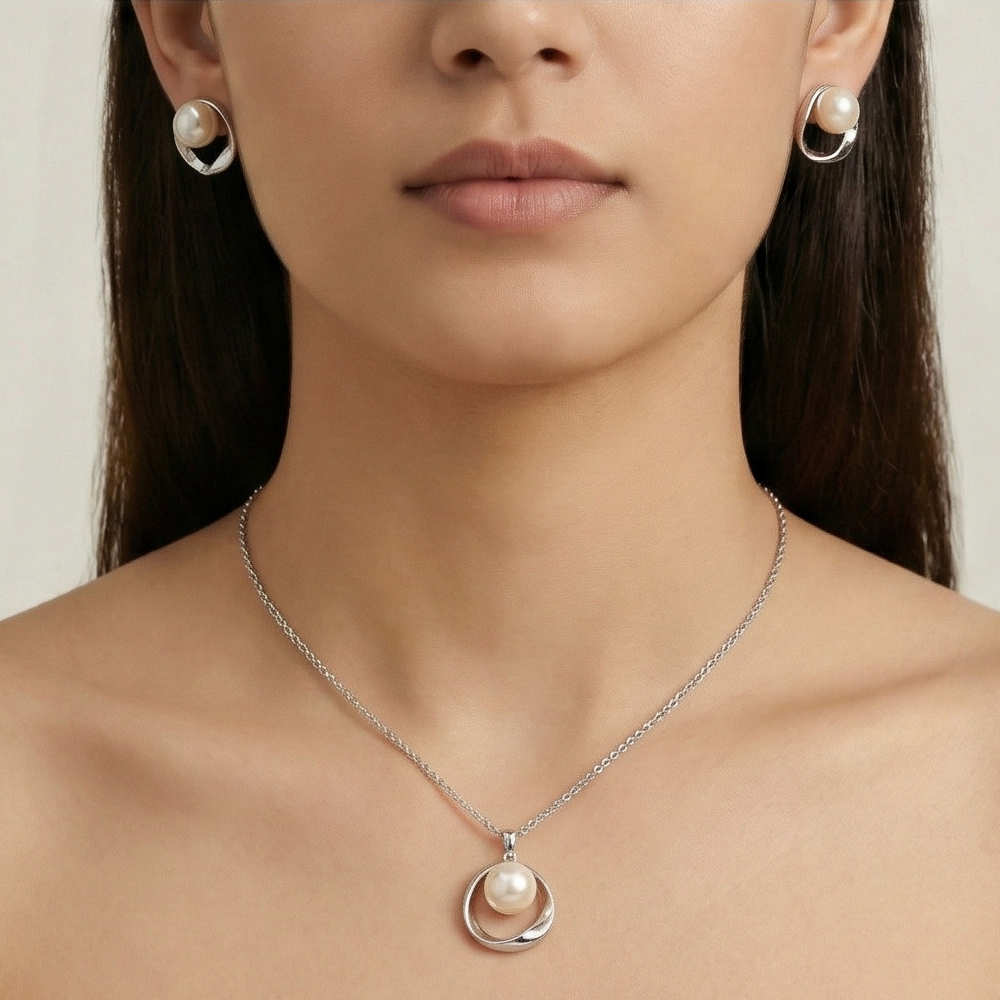 925 Sterling Silver Modern Open Circle Pearl Chain Pendant and Earring Set Jewellery for Women