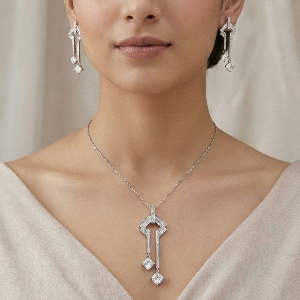 925 Sterling Silver Geometric Art Deco Style Long Drop Chain Pendant and Dangle Earrings Set Jewellery