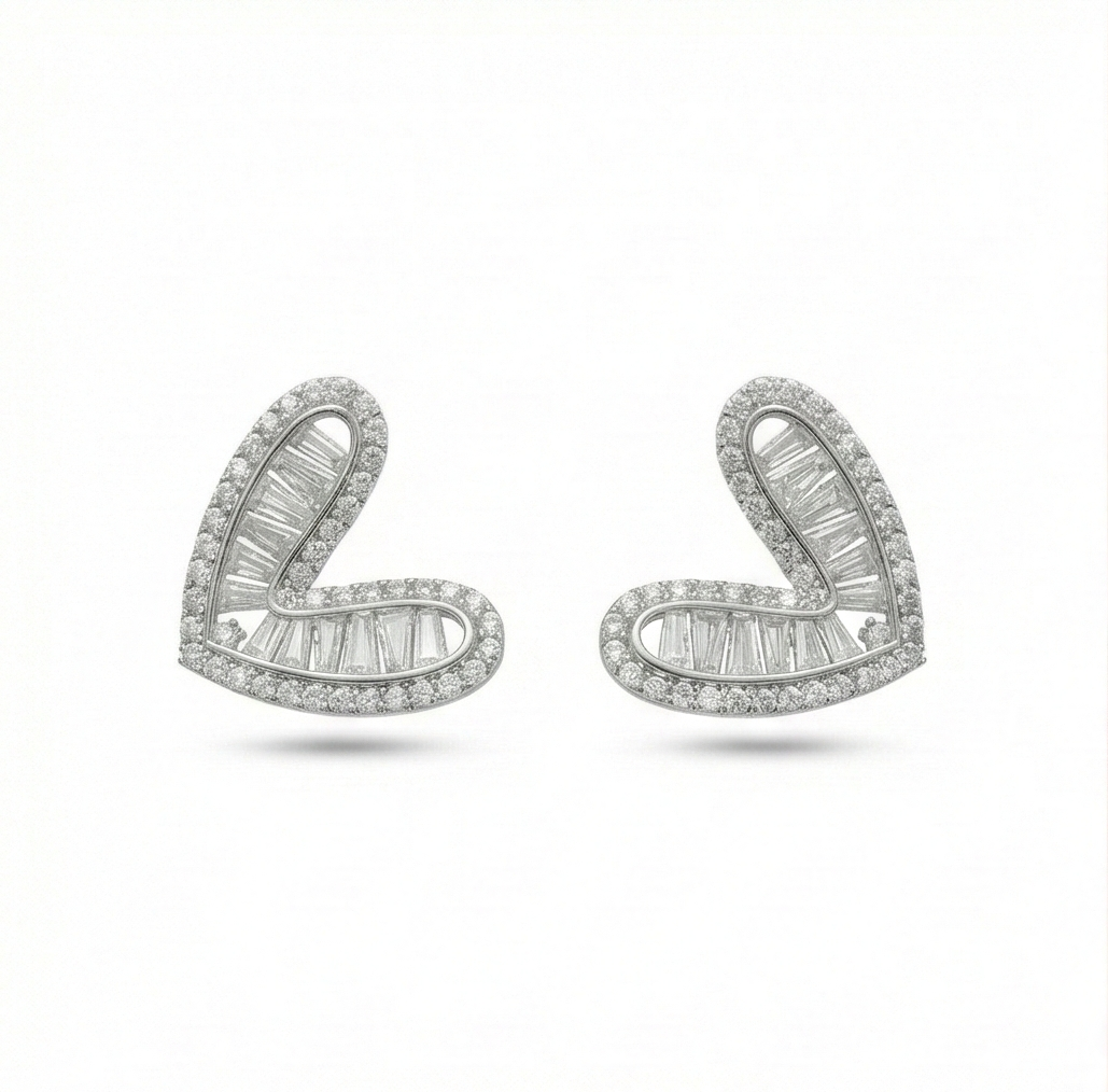 925 Sterling Silver Baguette Accent Heart Stud Earrings Contemporary Jewellery