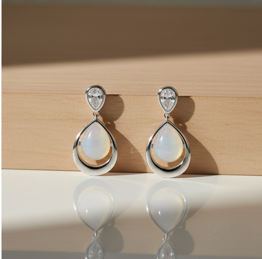 925 Sterling Silver Pear Drop Earrings with Iridescent Moonstone Style Gem Jewellery
