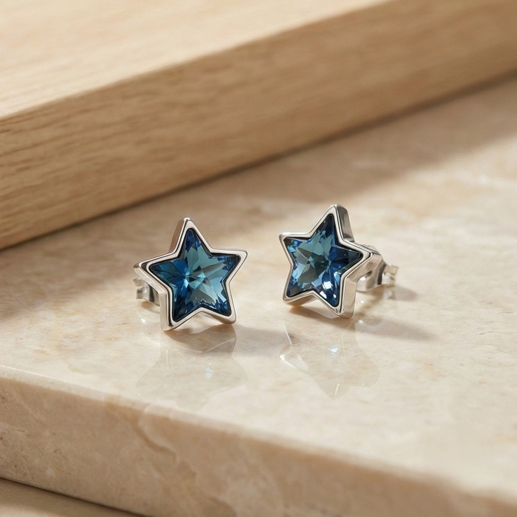 925 Sterling Silver Blue Crystal Star Stud Earrings Jewellery