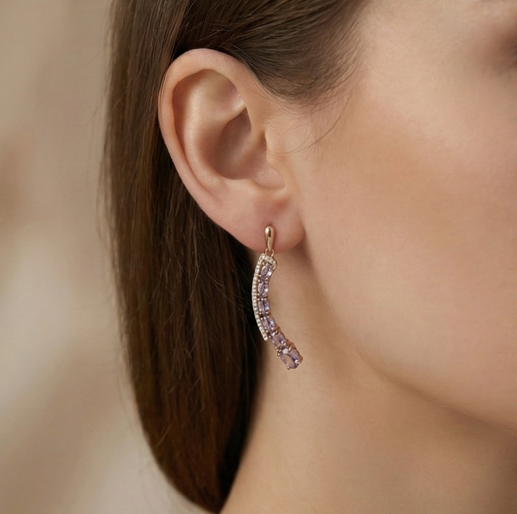 925 Sterling Silver Rose Gold Plated Oval Purple Stone Curved Crawler Earrings Jewellery for Women