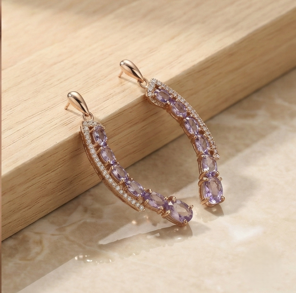 925 Sterling Silver Rose Gold Plated Oval Purple Stone Curved Crawler Earrings Jewellery for Women