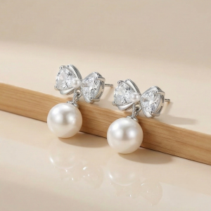 925 Sterling Silver Bow Knot Pearl Drop Earrings High Polish Jewellery