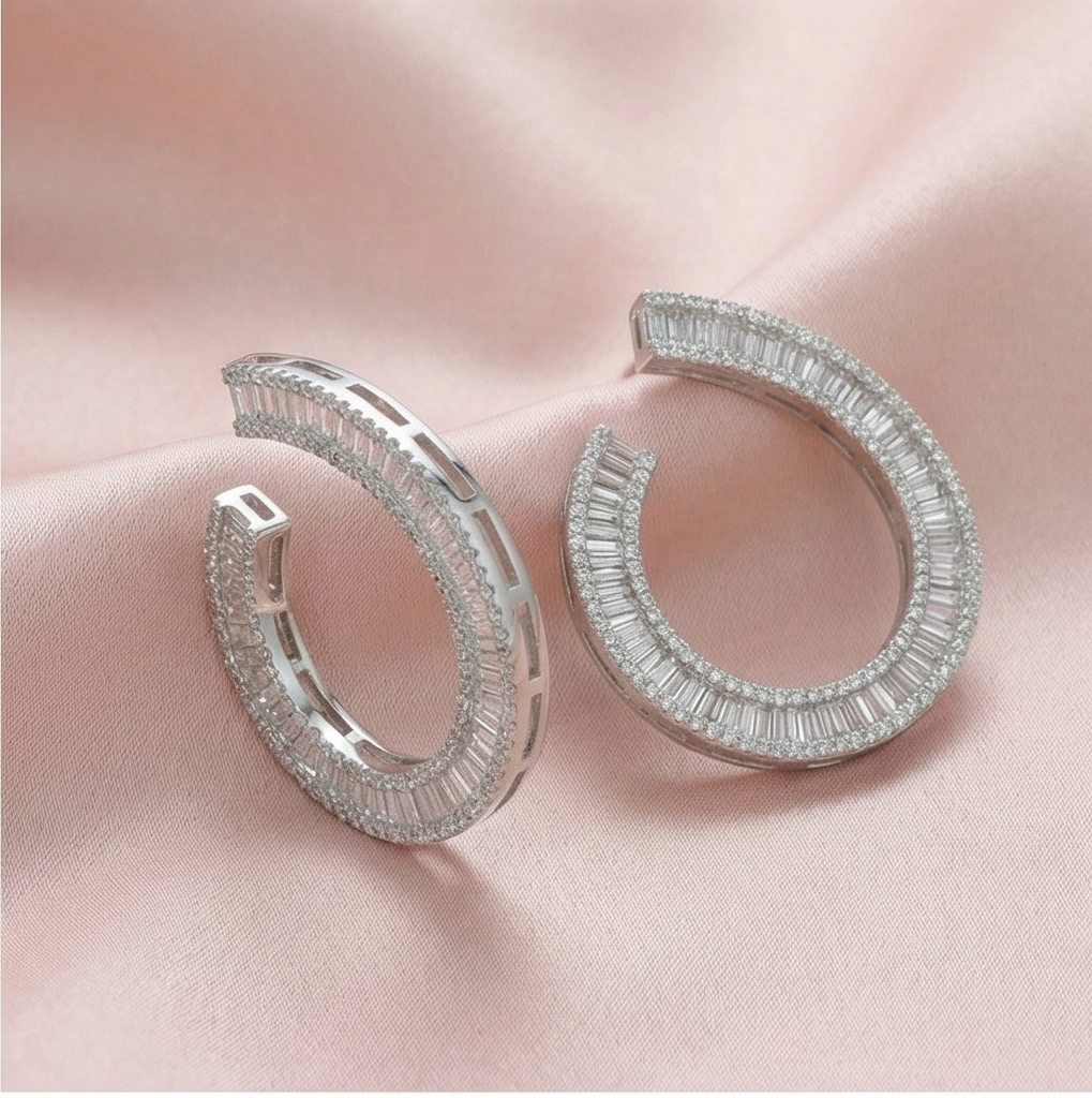 925 Sterling Silver Baguette Lined C-Hoop Earrings Statement Jewellery