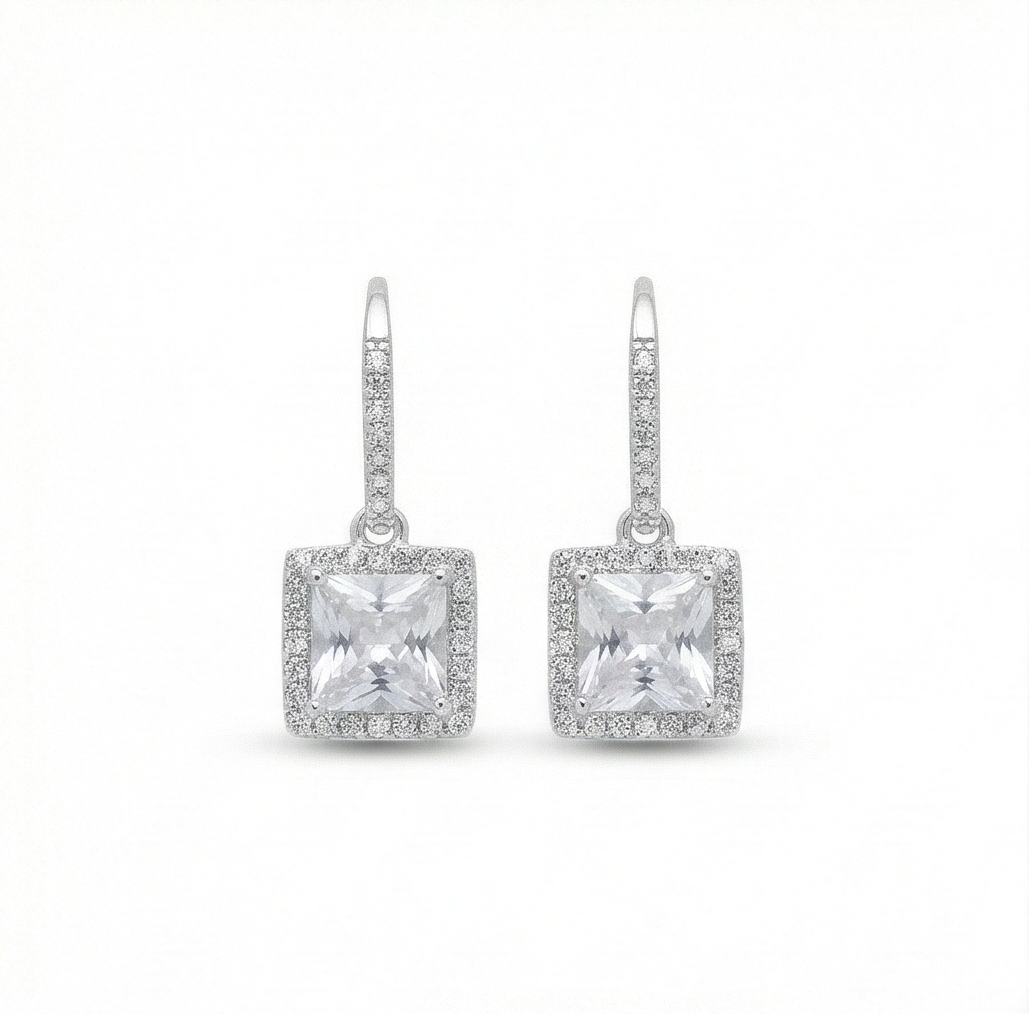 925 Sterling Silver Square Solitaire Drop Earrings with Halo Hoop High Polish Rhodium Finish Jewellery
