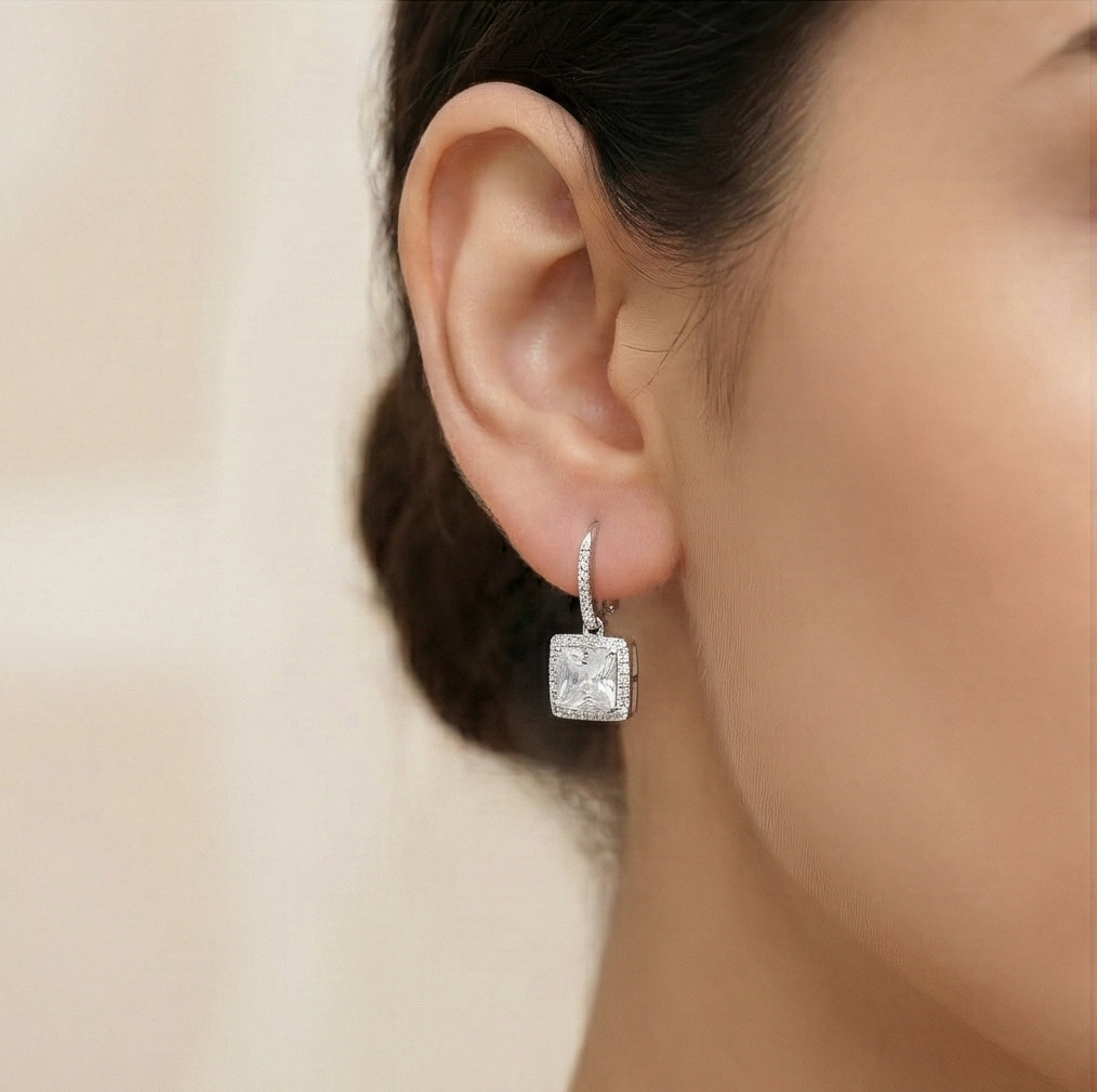 925 Sterling Silver Square Solitaire Drop Earrings with Halo Hoop High Polish Rhodium Finish Jewellery