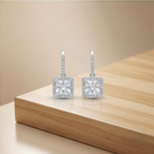 925 Sterling Silver Square Solitaire Drop Earrings with Halo Hoop High Polish Rhodium Finish Jewellery