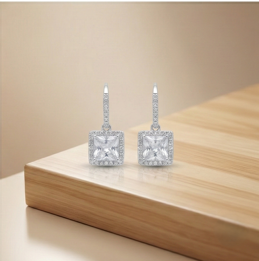 925 Sterling Silver Square Solitaire Drop Earrings with Halo Hoop High Polish Rhodium Finish Jewellery