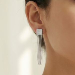 925 Sterling Silver Square Stud Chain Tassel Dangler Earrings Party Jewellery