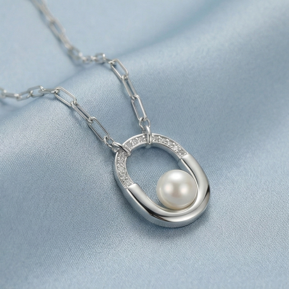 925 Sterling Silver Geometric Oval Pearl Pendant Necklace with Link Chain Jewellery