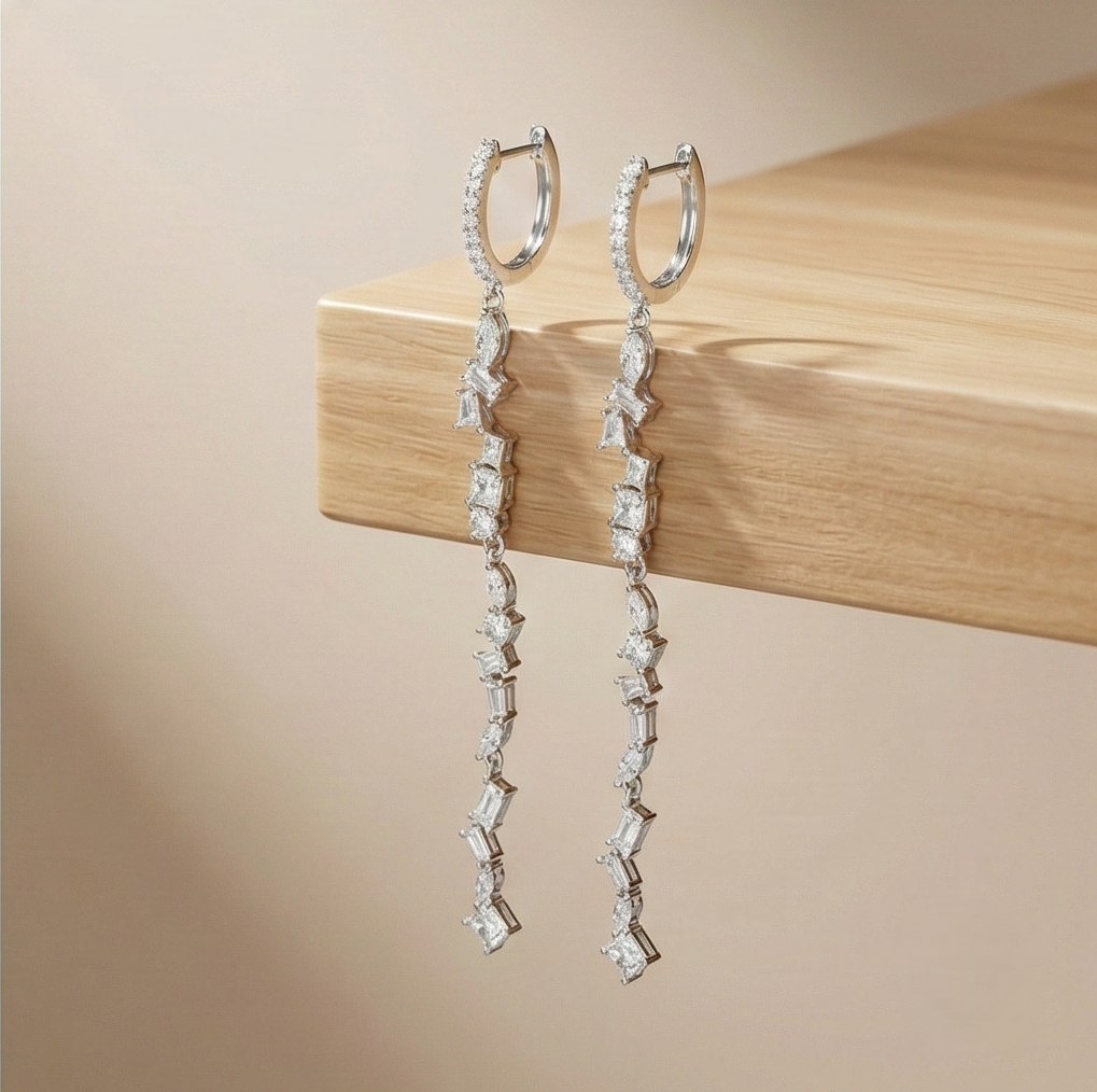 925 Sterling Silver Linear Baguette Stone Drop Earrings Huggie Jewellery