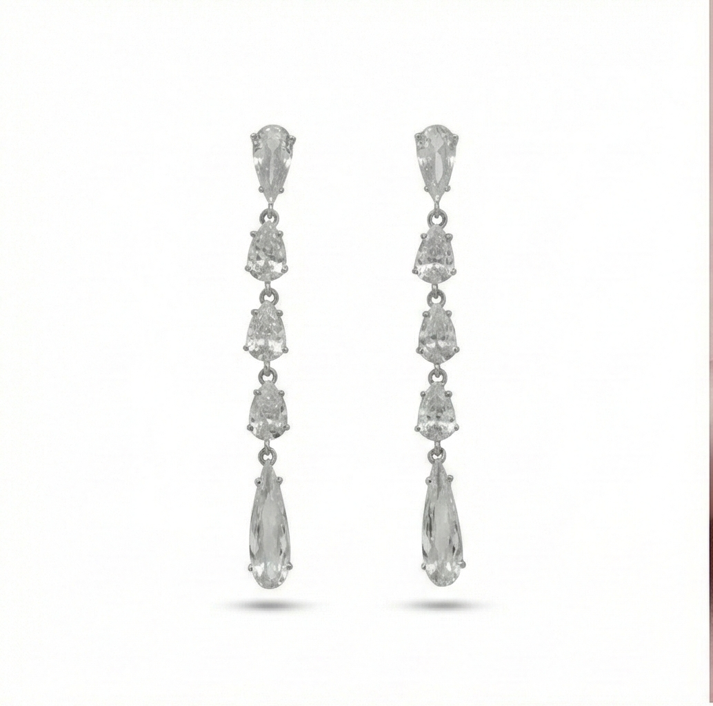 925 Sterling Silver Long Linear Pear Dangle Earrings High Polish Rhodium Jewellery